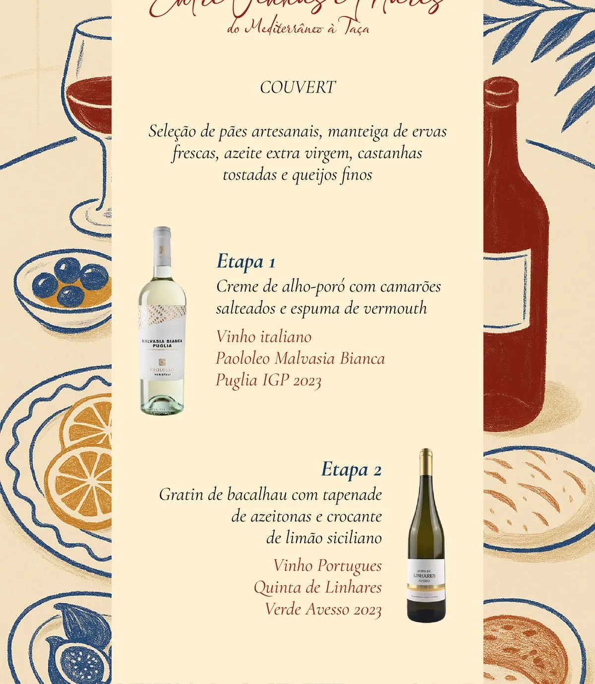 Convite ilustrado do jantar Entre Vinhas e Mares
