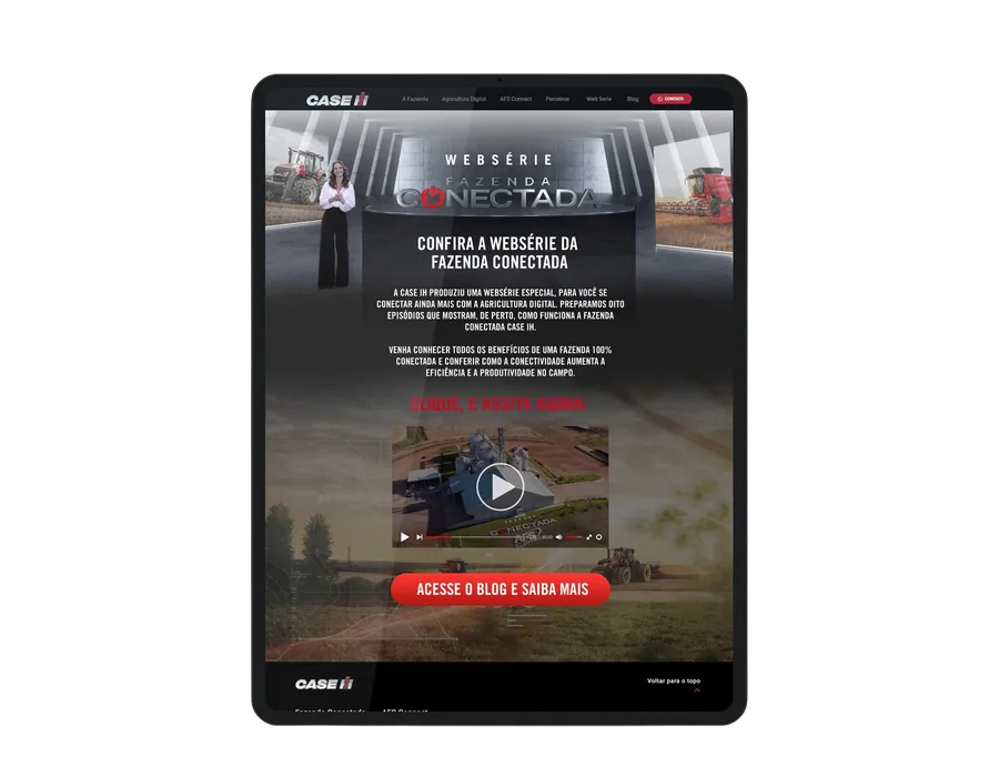 Mockup iPad — landing page Fazenda Conectada, CASE IH